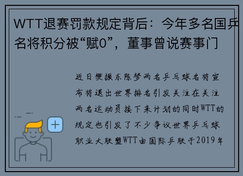WTT退赛罚款规定背后：今年多名国乒名将积分被“赋0”，董事曾说赛事门票收入占大头