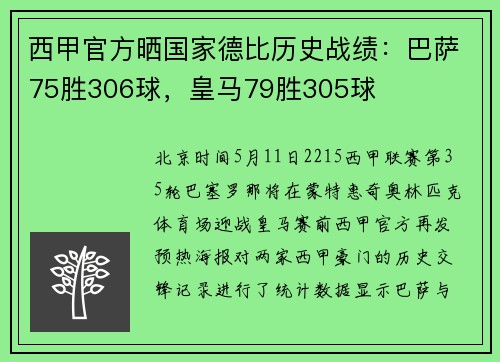 西甲官方晒国家德比历史战绩：巴萨75胜306球，皇马79胜305球